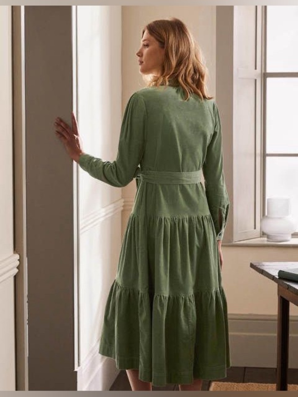 BODEN Tiered Shirt Corduroy Midi Dress Green Ruffle Preppy Long Sleeve Preppy 12 - Picture 3 of 8